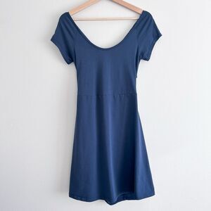 PACT Organic Cotton Stretch Blue Helena Crossback Mini Dress Pockets Medium FLAW
